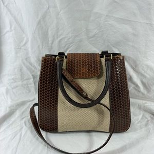 Genuine vintage  BRAHMIN brown leather beige canvas shoulder bag croc pattern